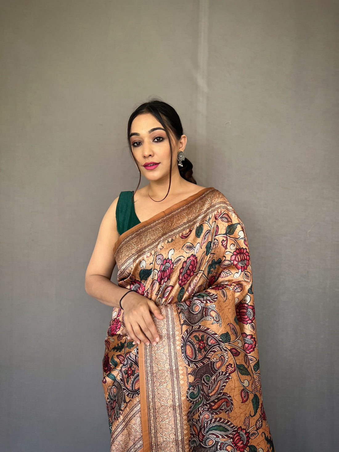 Soft Silk Saree With Kalamkari Print Multicolour