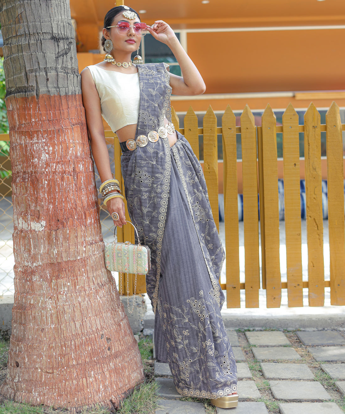 Grey Pure Soft Silk Saree With Thread Handwork