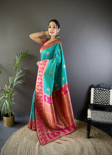 Turquoise Banarasi Silk Saree With Zari