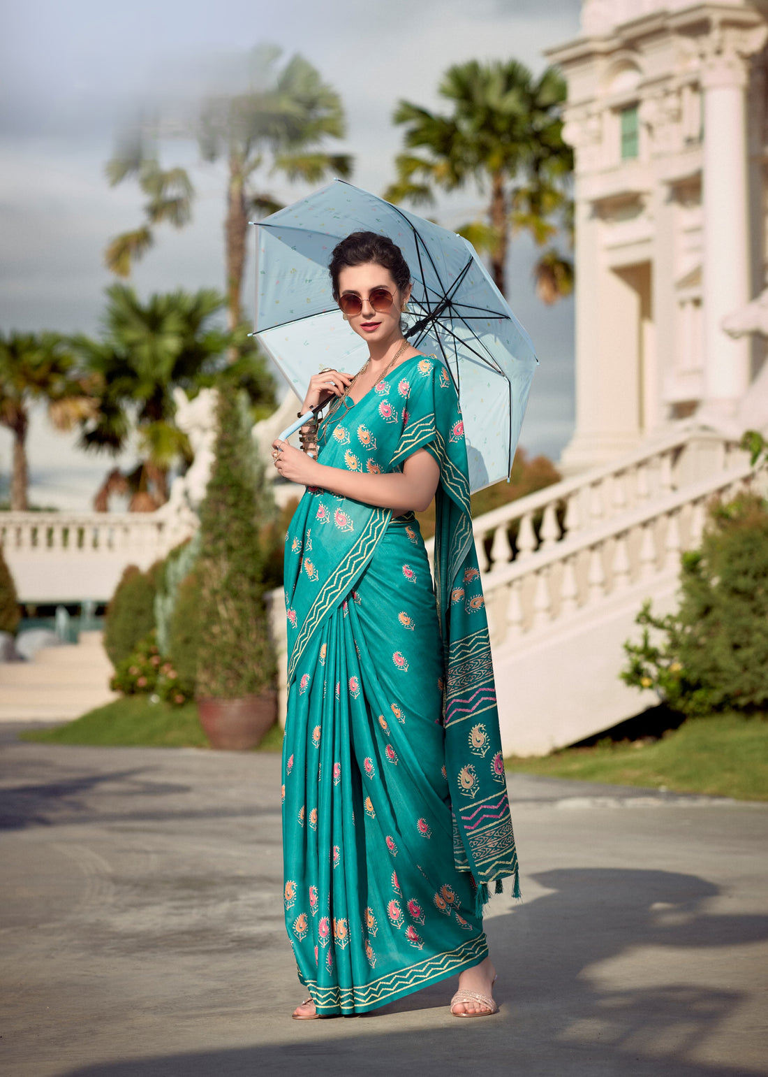 Sea Green Mal-Mal Resham Silk Saree