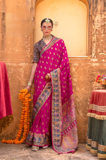 Pink Silk Saree With Zari Weaving Border