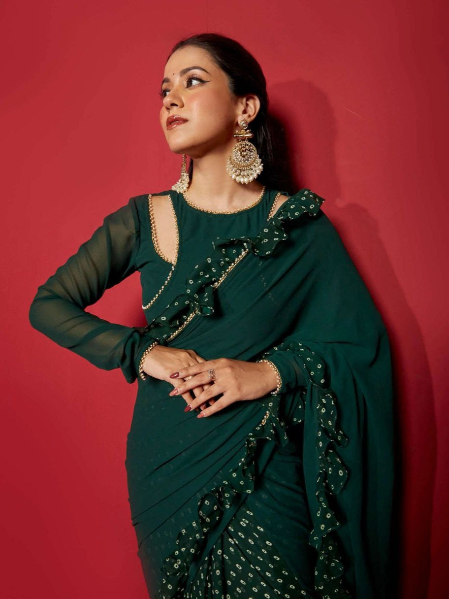 Green Ready To Wear Faux Georgette Saree