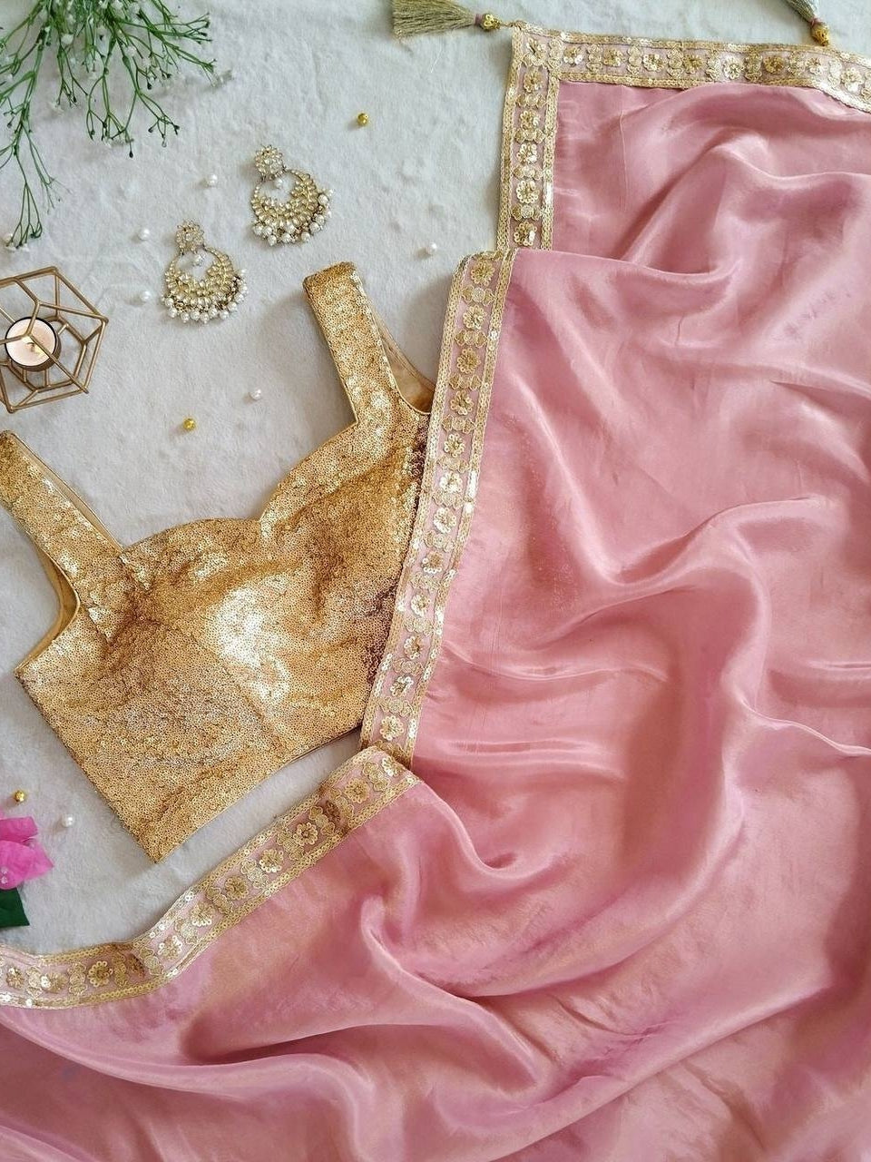 Pink Party Wear Designer Gold Crush Saree