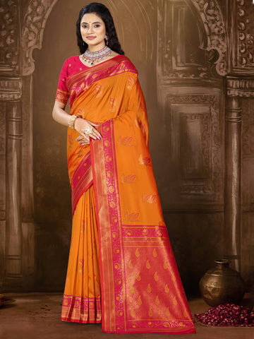 Orange Banarasi Silk Saree with blouse piece