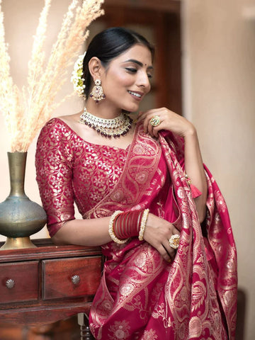 Zari Banarasi Silk Saree Red With Pink Tone