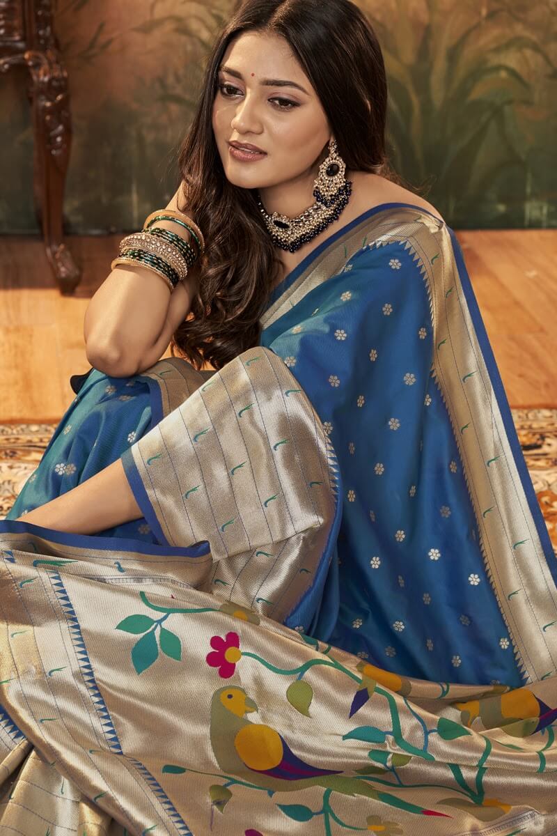 Teal Blue Pure Zari Paithani Silk Saree