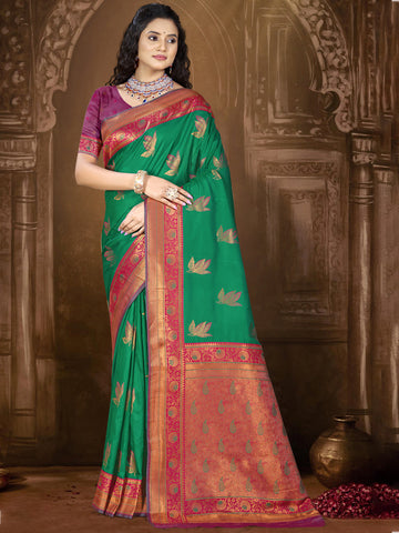 Green Banarasi Silk Saree with blouse piece