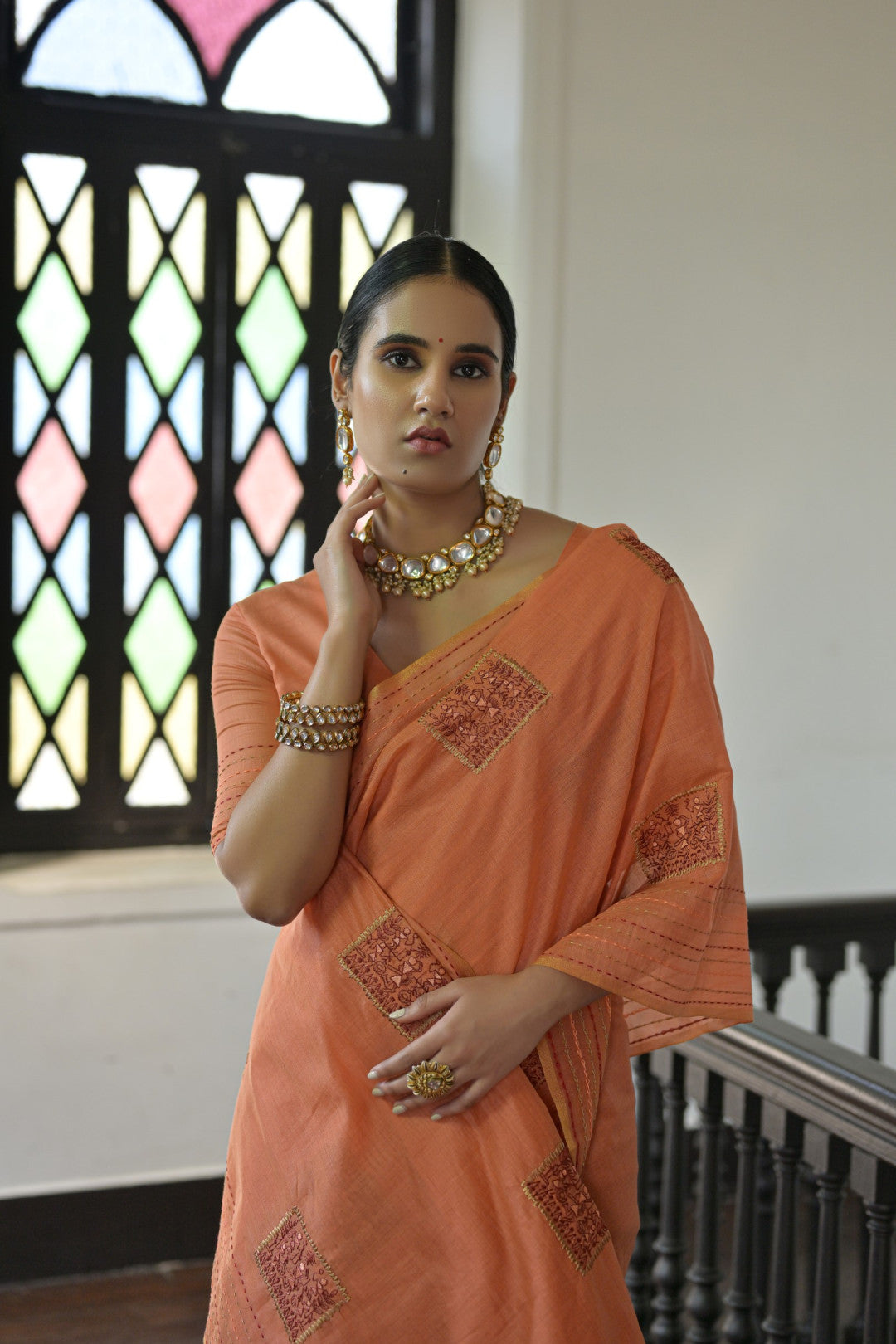 Orange Kantha Work Cotton Blend Saree