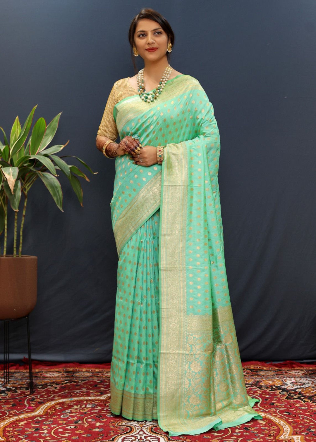 Sea Green Banarasi Soft Silk Saree