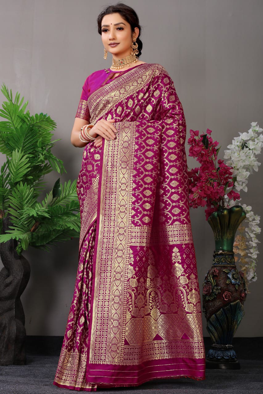 Magenta Zari Banarasi Soft Silk Saree