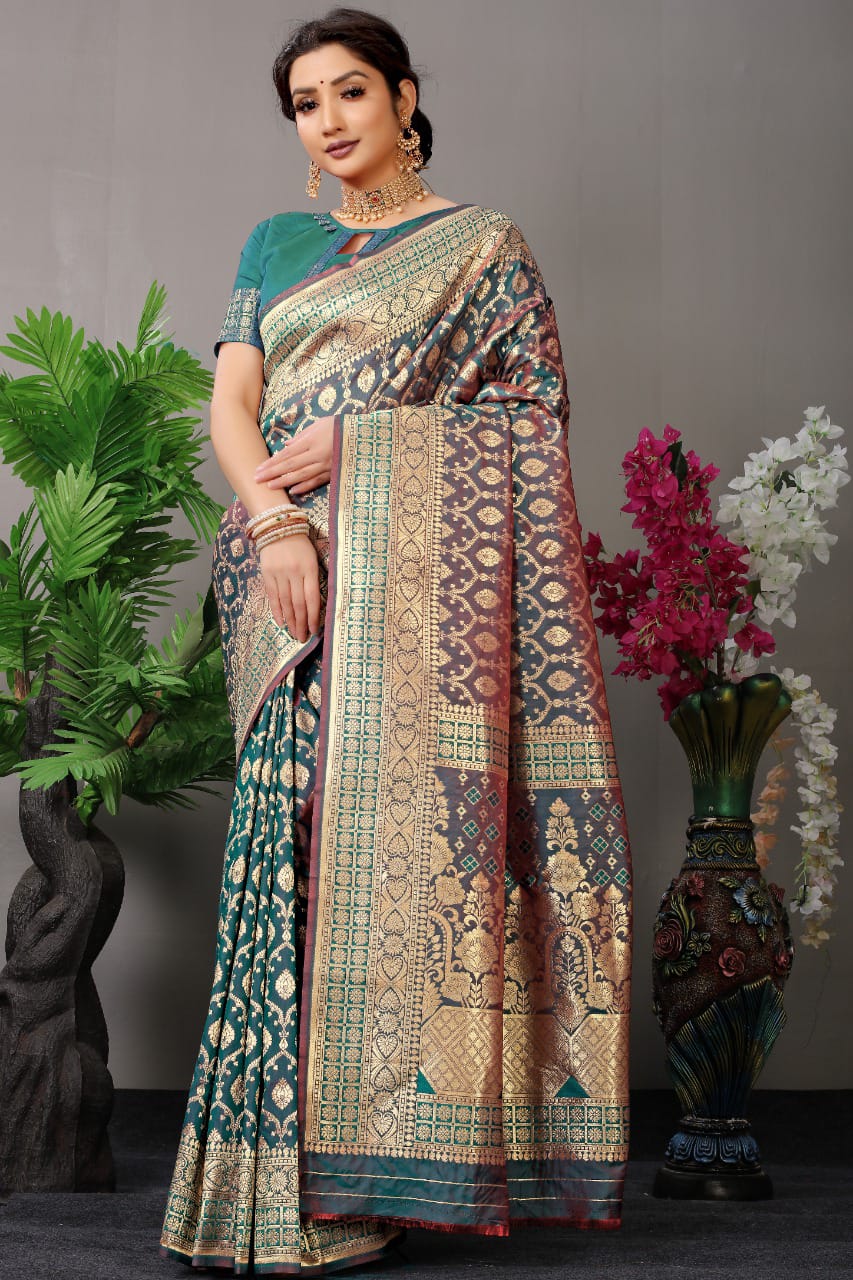 Multicolour Zari Banarasi Soft Silk Saree