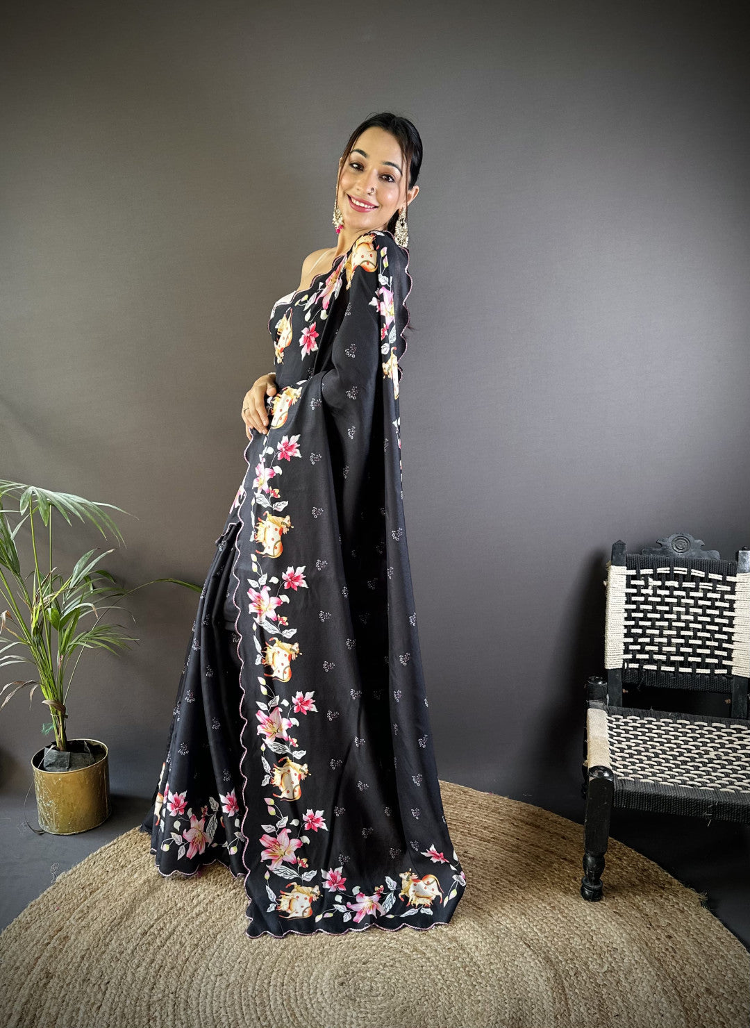 Black Gadhwal Silk Saree With Embroidery Cut Work