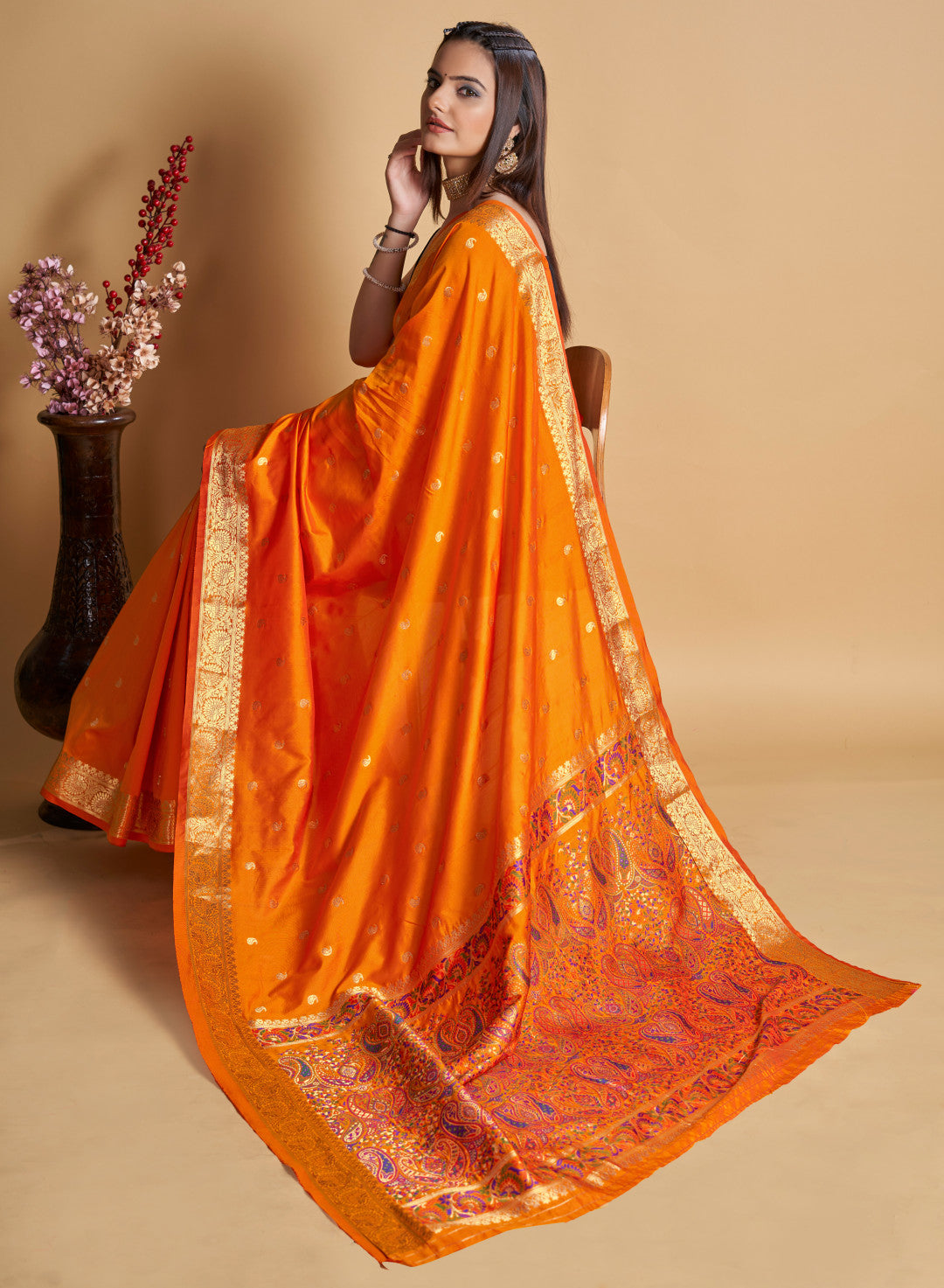 Orange Paithani Silk Saree With Zari