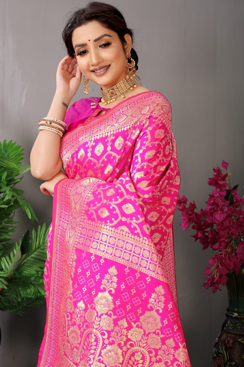 Pink Zari Banarasi Soft Silk Saree