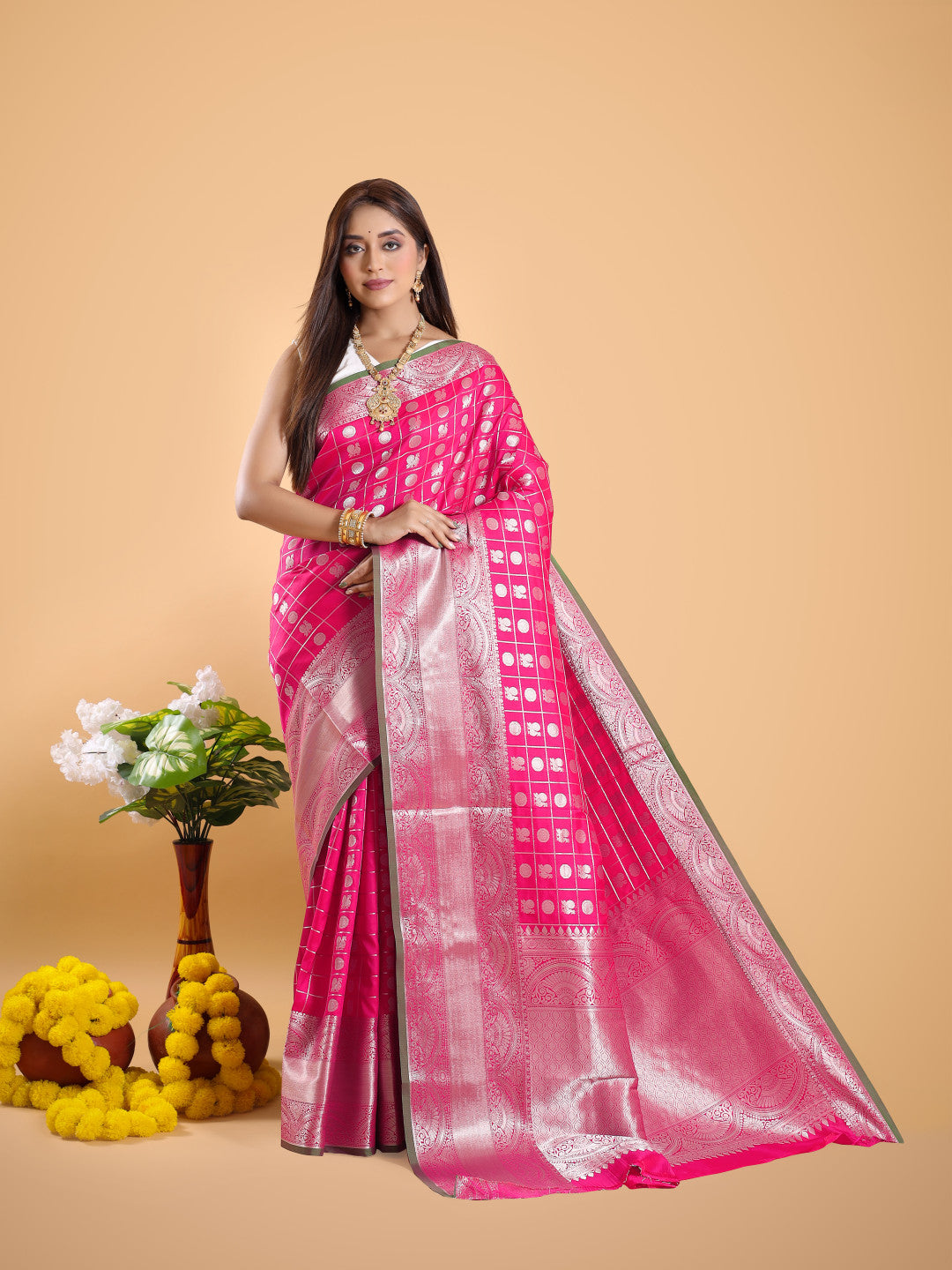 Pink Silver Zari Banarasi Silk Saree