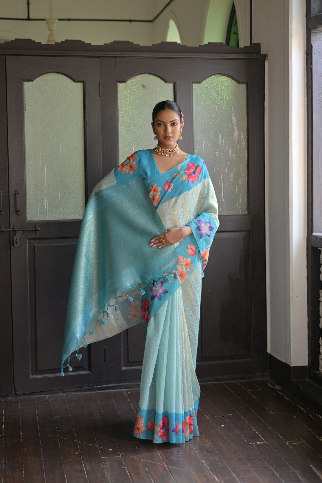 Sky Blue Floral Silk Saree With Zari Weaving